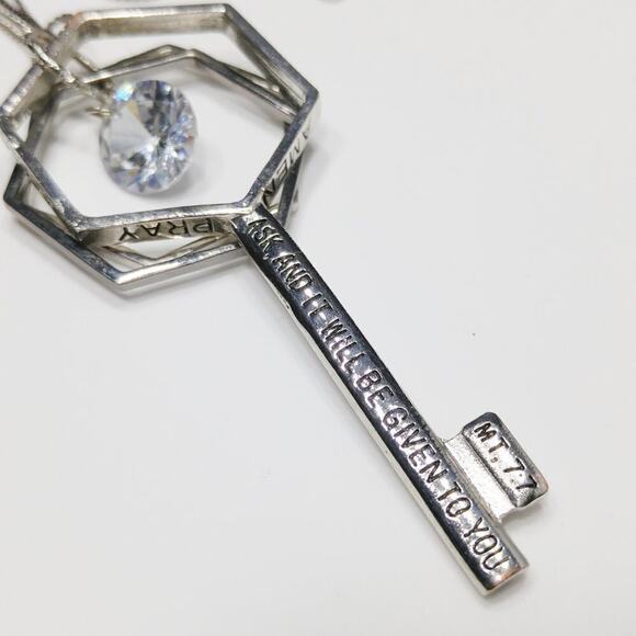 Key Necklace, Faith Pray Scripture KEY Long Silver Gray Chain, 30 Inches - Picture 3 of 14